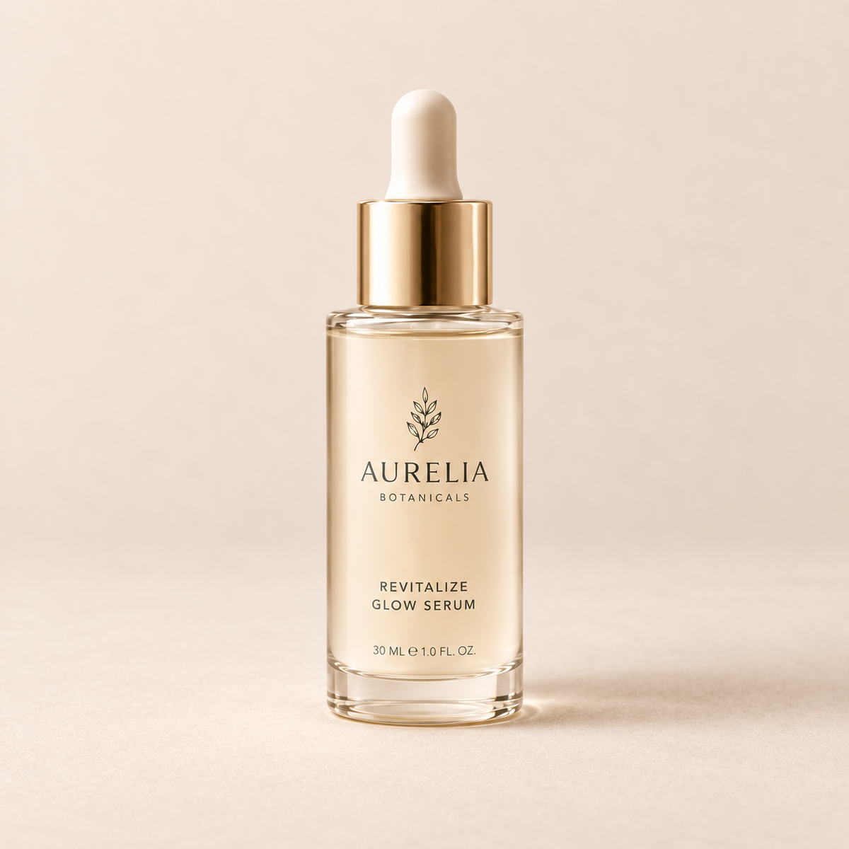 Aurelia Botanicals Revitalize Glow Serum, 30 ml, on a warm beige background.