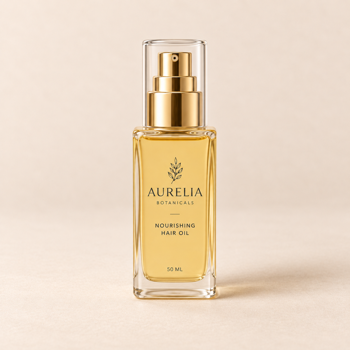 Aurelia Botanicals Nourishing Hair Oil, 50 ml, on a warm beige background.
