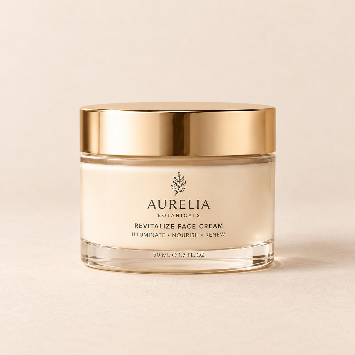 Aurelia Botanicals Revitalize Face Cream, 50 ml, on a warm beige background.