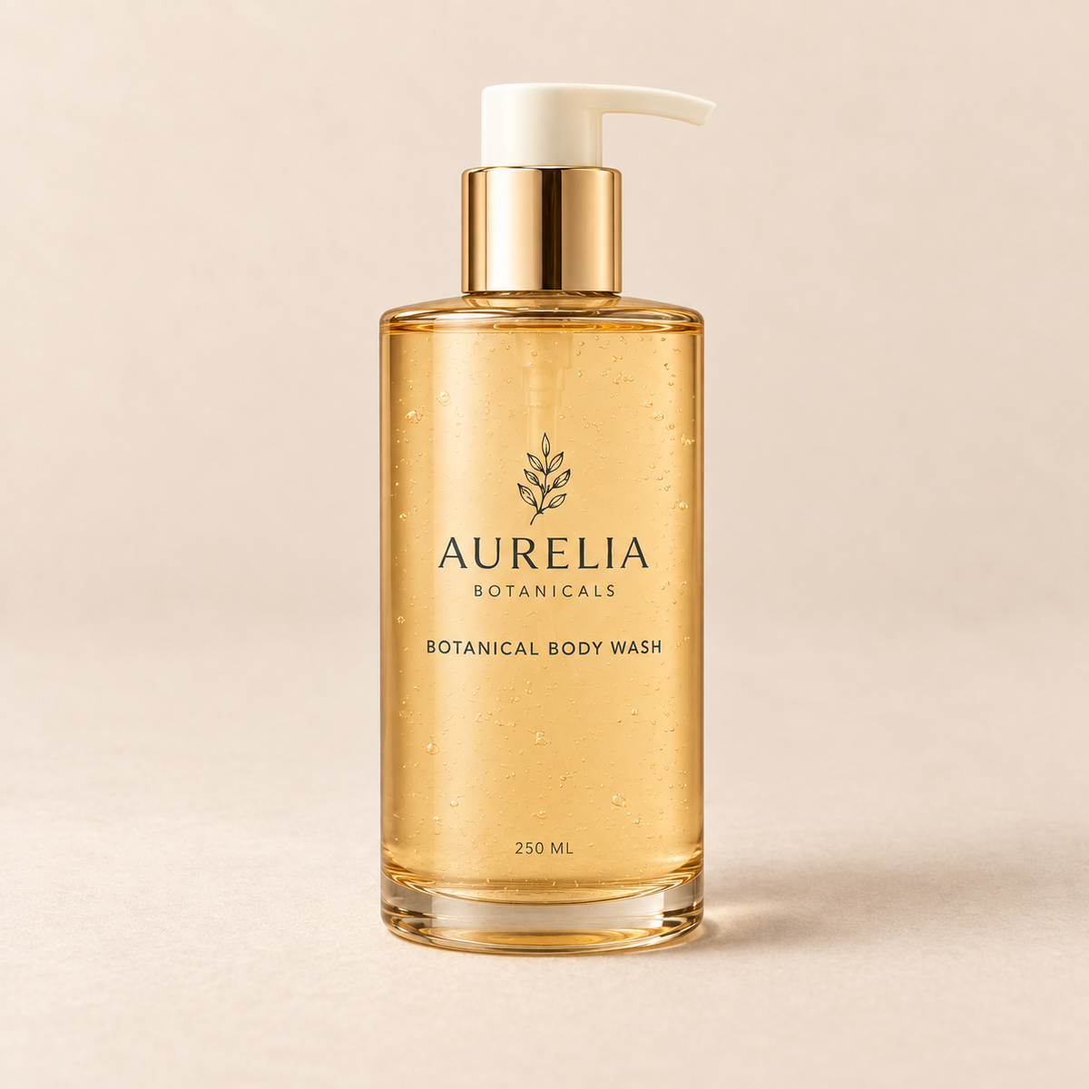 Aurelia Botanicals Botanical Body Wash, 250 ml, on a warm beige background.