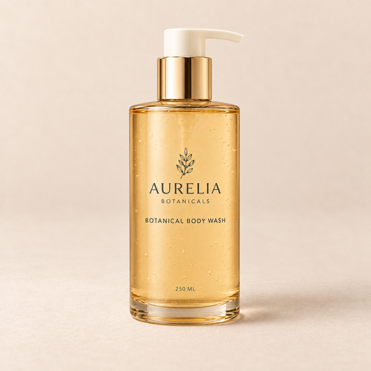 Aurelia Botanicals Botanical Body Wash, 250 ml, on a warm beige background.