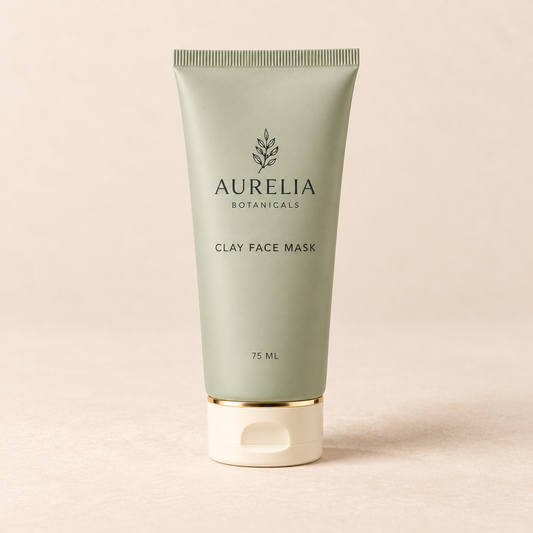 Aurelia Botanicals Clay Face Mask, 75 ml, on a warm beige background.