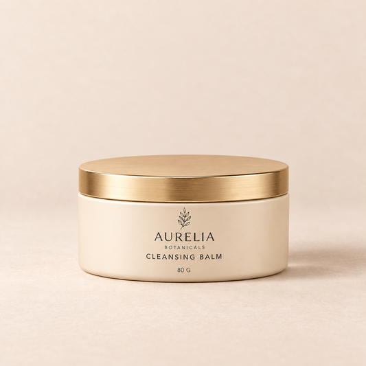 Aurelia Botanicals Cleansing Balm, 80 g, on a warm beige background.