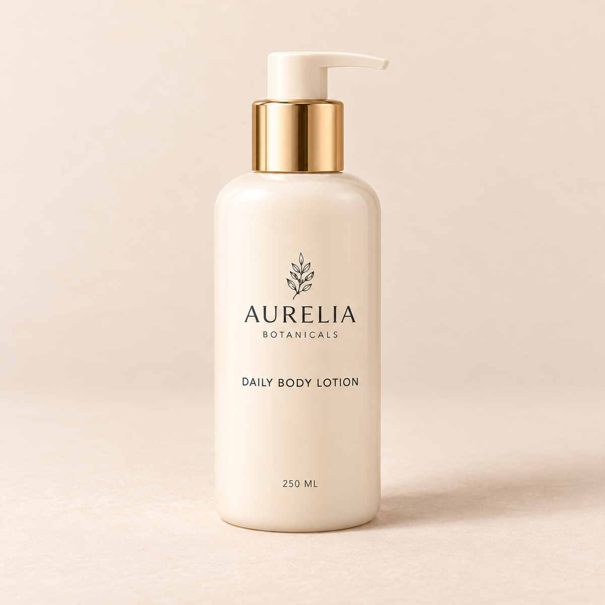 Aurelia Botanicals Daily Body Lotion, 250 ml, on a warm beige background.