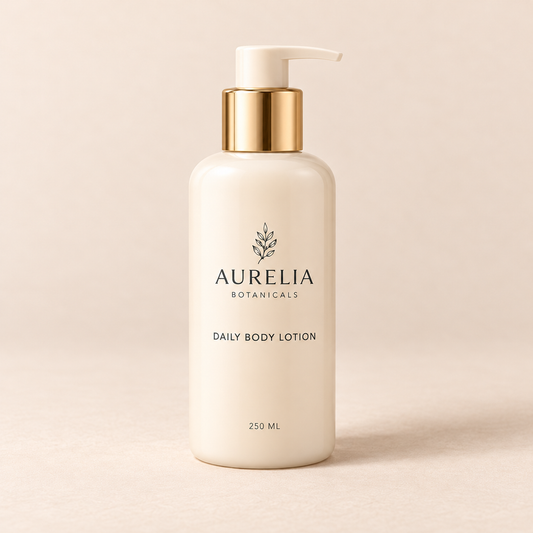 Aurelia Botanicals Daily Body Lotion, 250 ml, on a warm beige background.