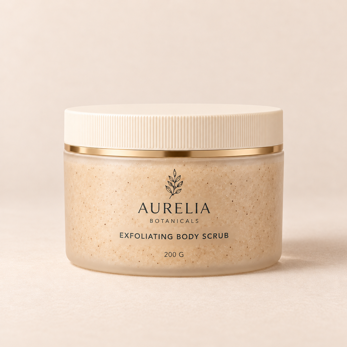 Aurelia Botanicals Exfoliating Body Scrub, 200 g, on a warm beige background.