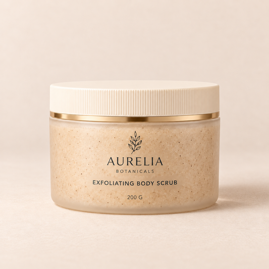 Aurelia Botanicals Exfoliating Body Scrub, 200 g, on a warm beige background.