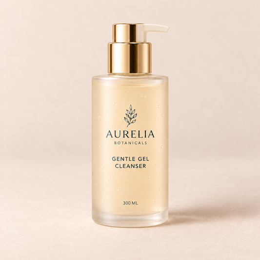 Aurelia Botanicals Gentle Gel Cleanser, 300 ml, on a warm beige background.