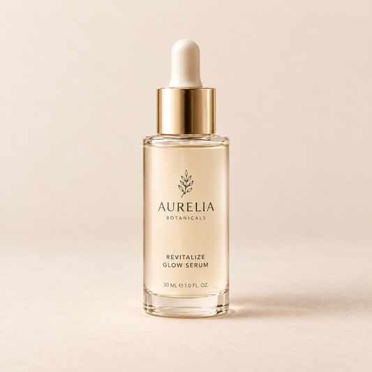 Aurelia Botanicals Revitalize Glow Serum, 30 ml, on a warm beige background.