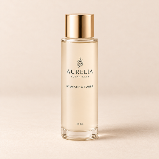 Aurelia Botanicals Hydrating Toner, 150 ml, on a warm beige background.