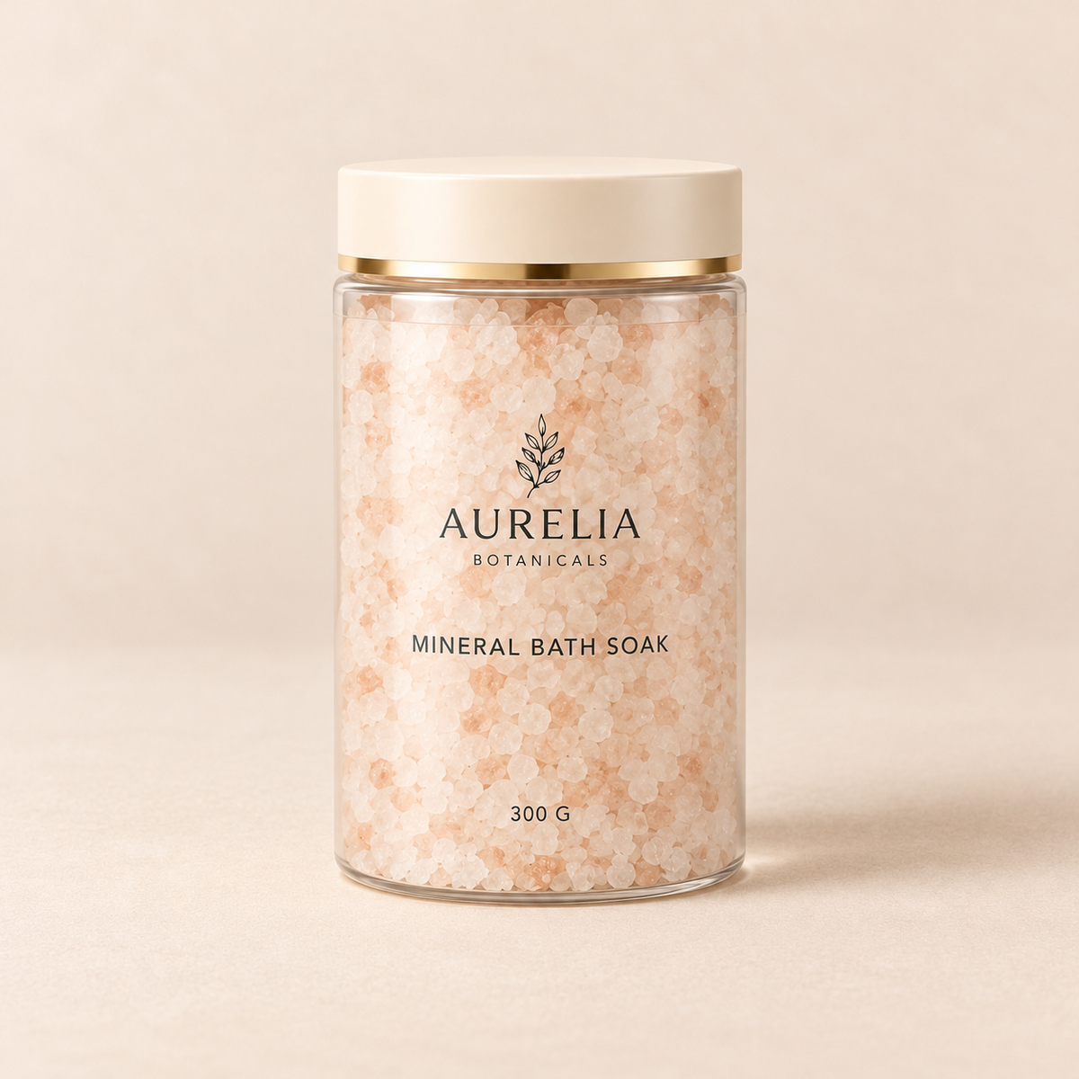 Aurelia Botanicals Mineral Bath Soak, 300 g, on a warm beige background.