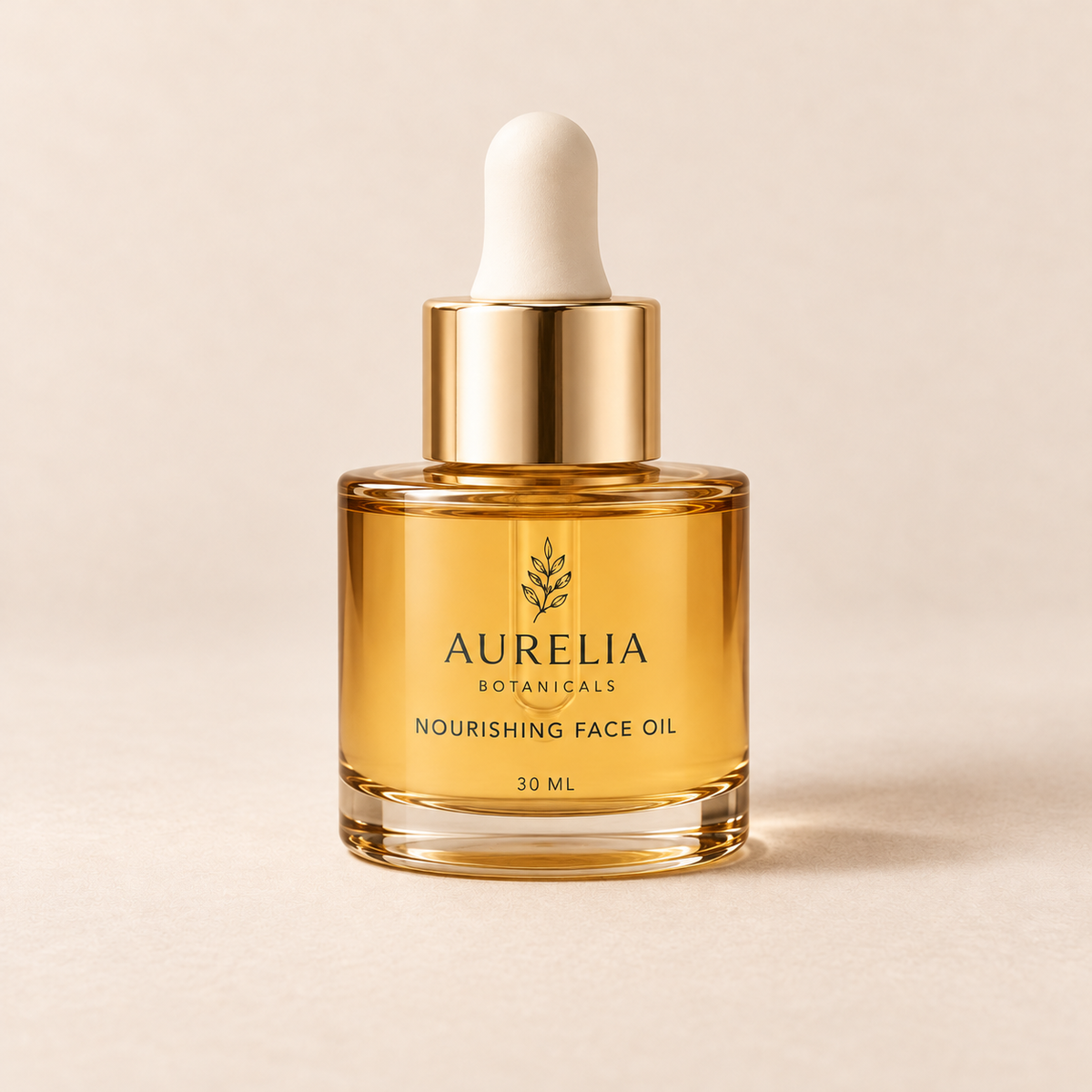 Aurelia Botanicals Nourishing Face Oil, 30 ml, on a warm beige background.