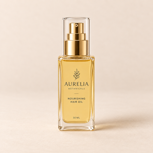 Aurelia Botanicals Nourishing Hair Oil, 50 ml, on a warm beige background.