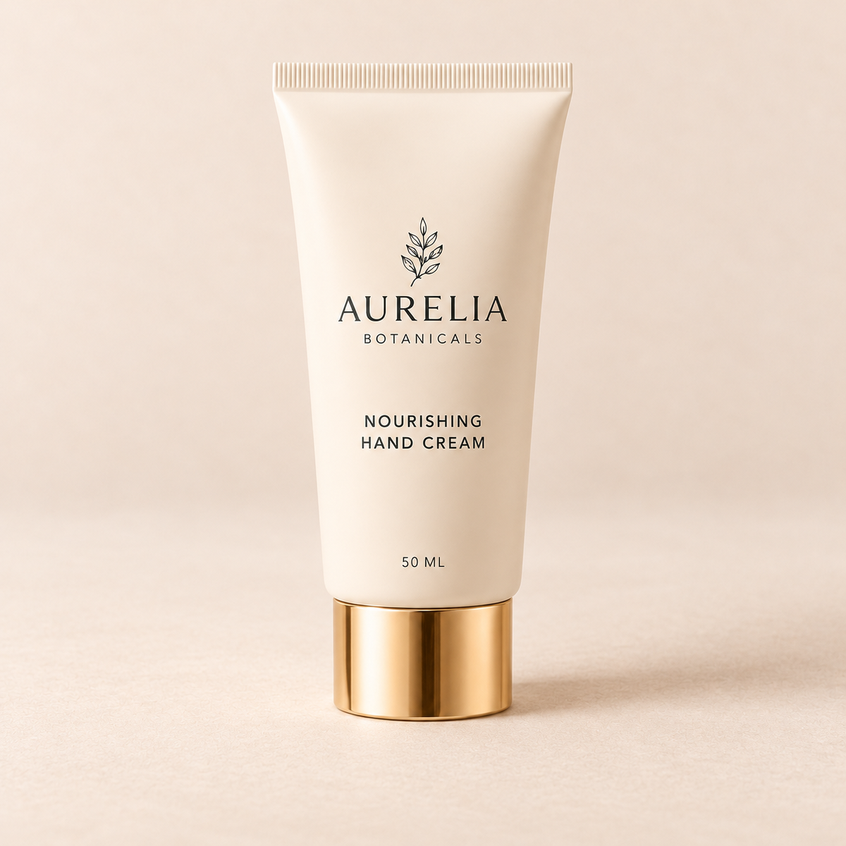 Aurelia Botanicals Nourishing Hand Cream, 50 ml, on a warm beige background.