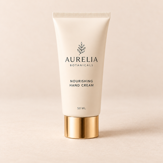 Aurelia Botanicals Nourishing Hand Cream, 50 ml, on a warm beige background.