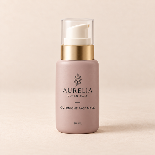 Aurelia Botanicals Overnight Face Mask, 50 ml, on a warm beige background.