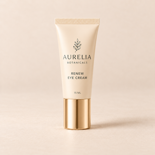 Aurelia Botanicals Renew Eye Cream, 15 ml, on a warm beige background.