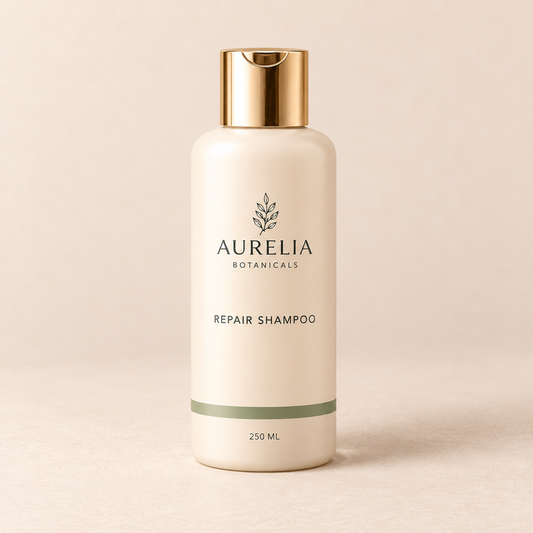 Aurelia Botanicals Repair Shampoo, 250 ml, on a warm beige background.