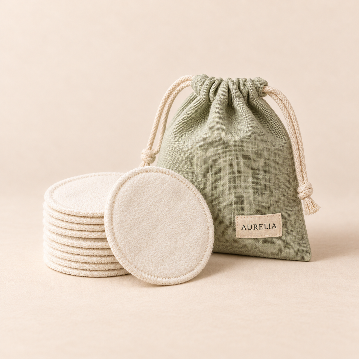 Aurelia Botanicals Reusable Cleansing Pads on a warm beige background.