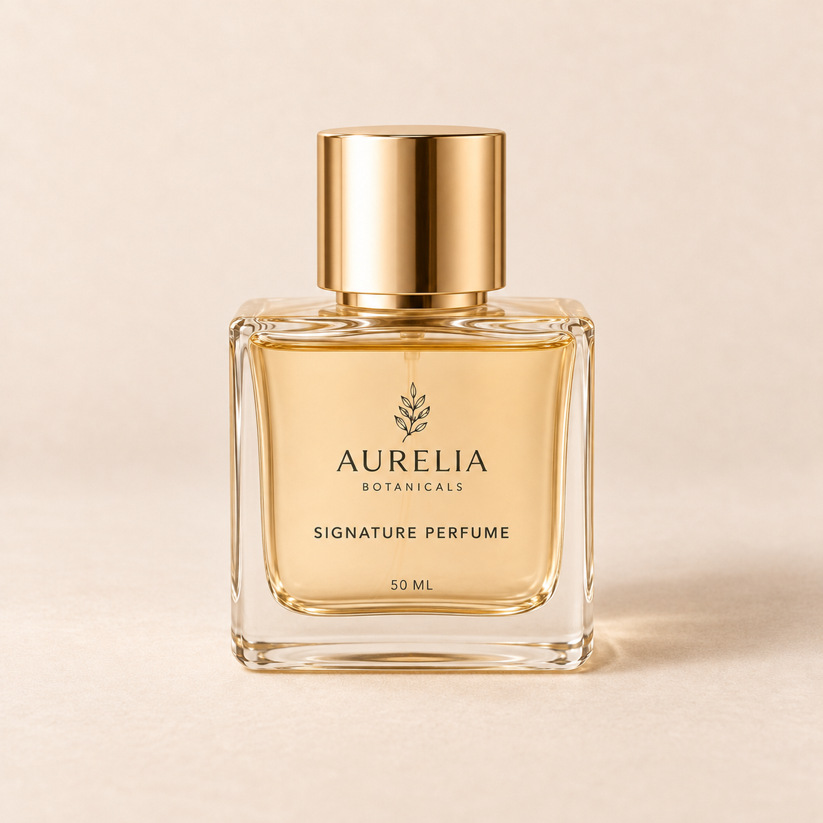 Aurelia Botanicals Signature Perfume, 50 ml, on a warm beige background.