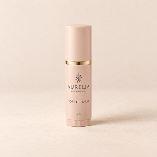 Aurelia Botanicals Soft Lip Balm, 5 g, on a warm beige background.