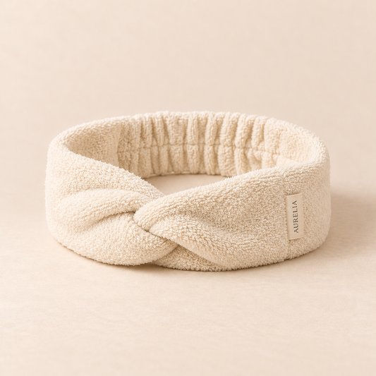 Aurelia Botanicals Spa Headband in Ivory on a warm beige background.